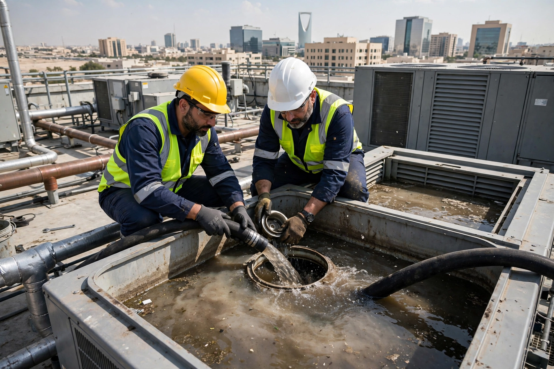Technicians draining contaminated water from a cooling tower basin during cooling tower cleaning service in Riyadh