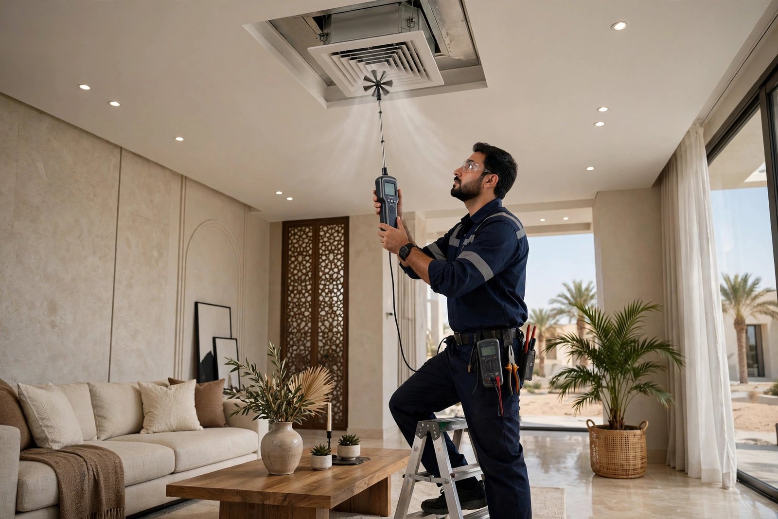 Technician measuring weak airflow, a common duct leakage sign, at a ceiling vent in a Riyadh villa