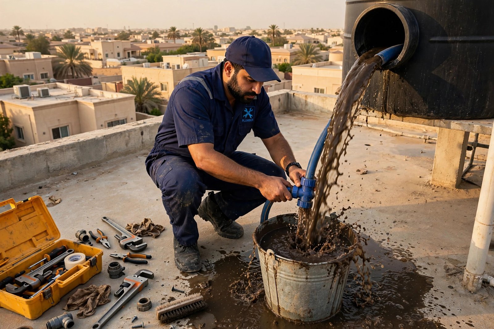 Draining sediment water during overhead water tank cleaning process