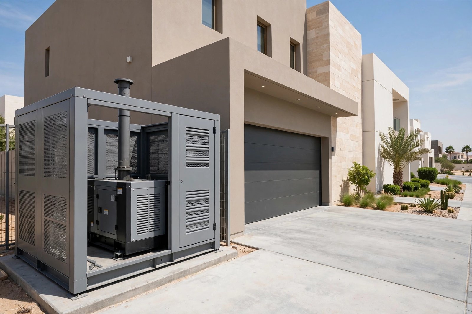 Diesel standby generator in a ventilated outdoor enclosure next to a Saudi villa in Riyadh