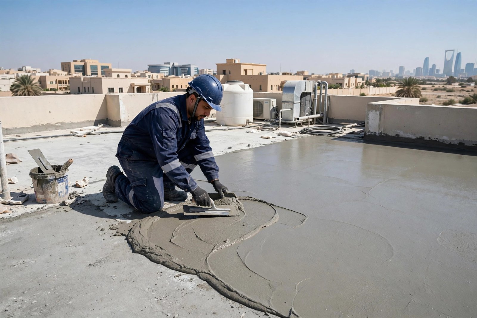 Cementitious waterproofing uses on a Riyadh villa rooftop slab