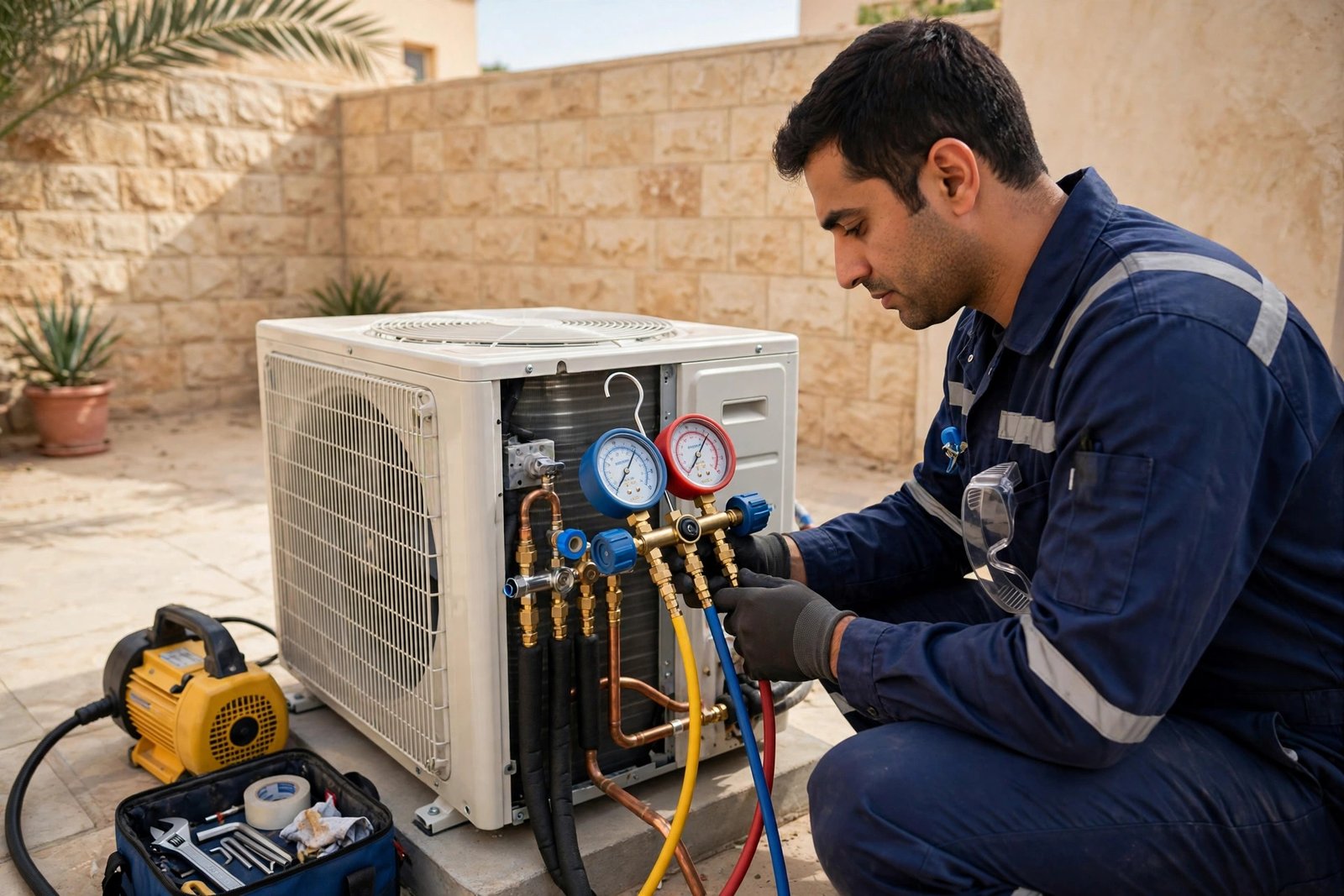 Technician checking refrigerant lines with manifold gauges during split AC installation to prevent split ac installation mistakes in Riyadh