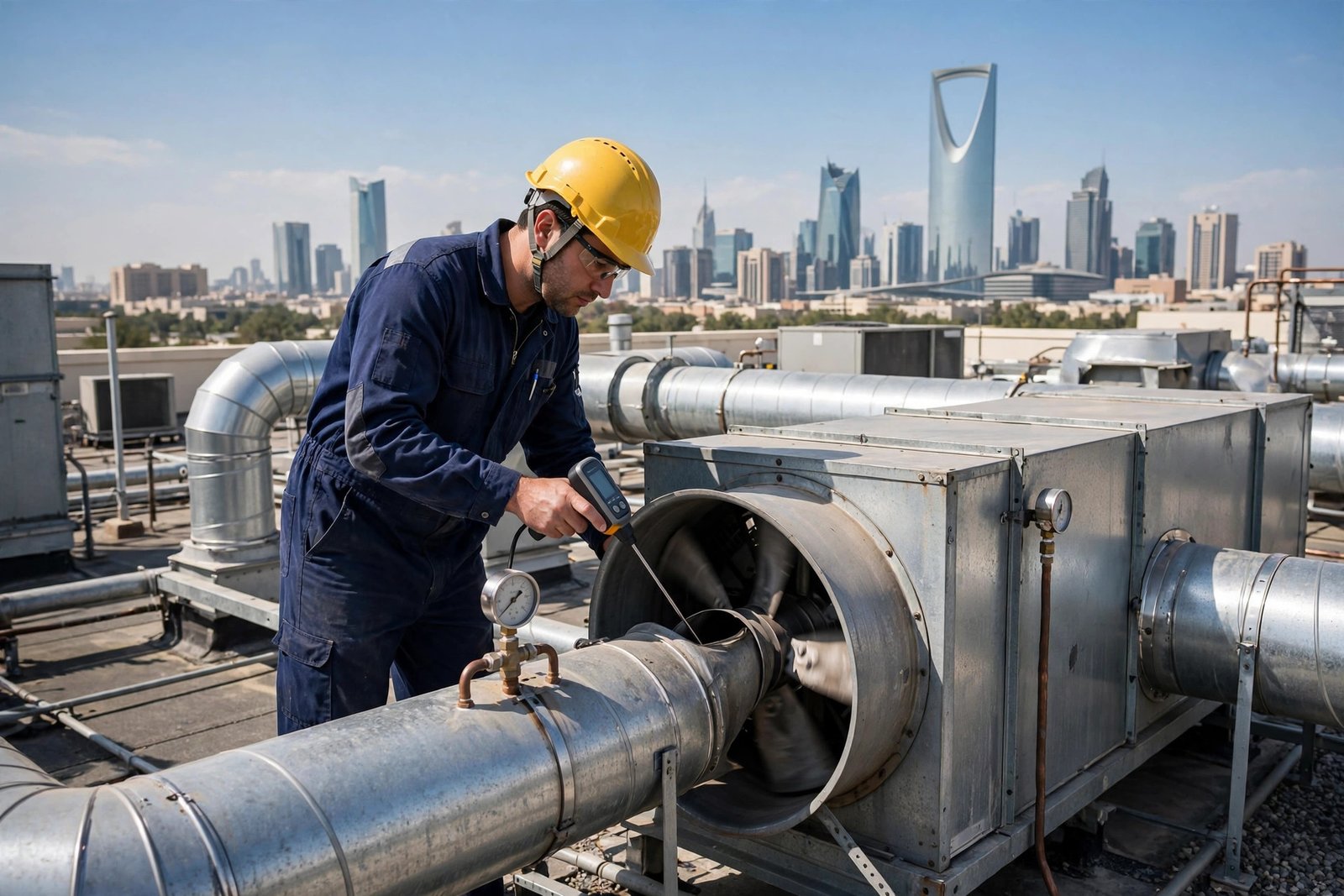 HVAC engineer measuring airflow at a rooftop exhaust fan for commercial kitchen ventilation standards in Riyadh