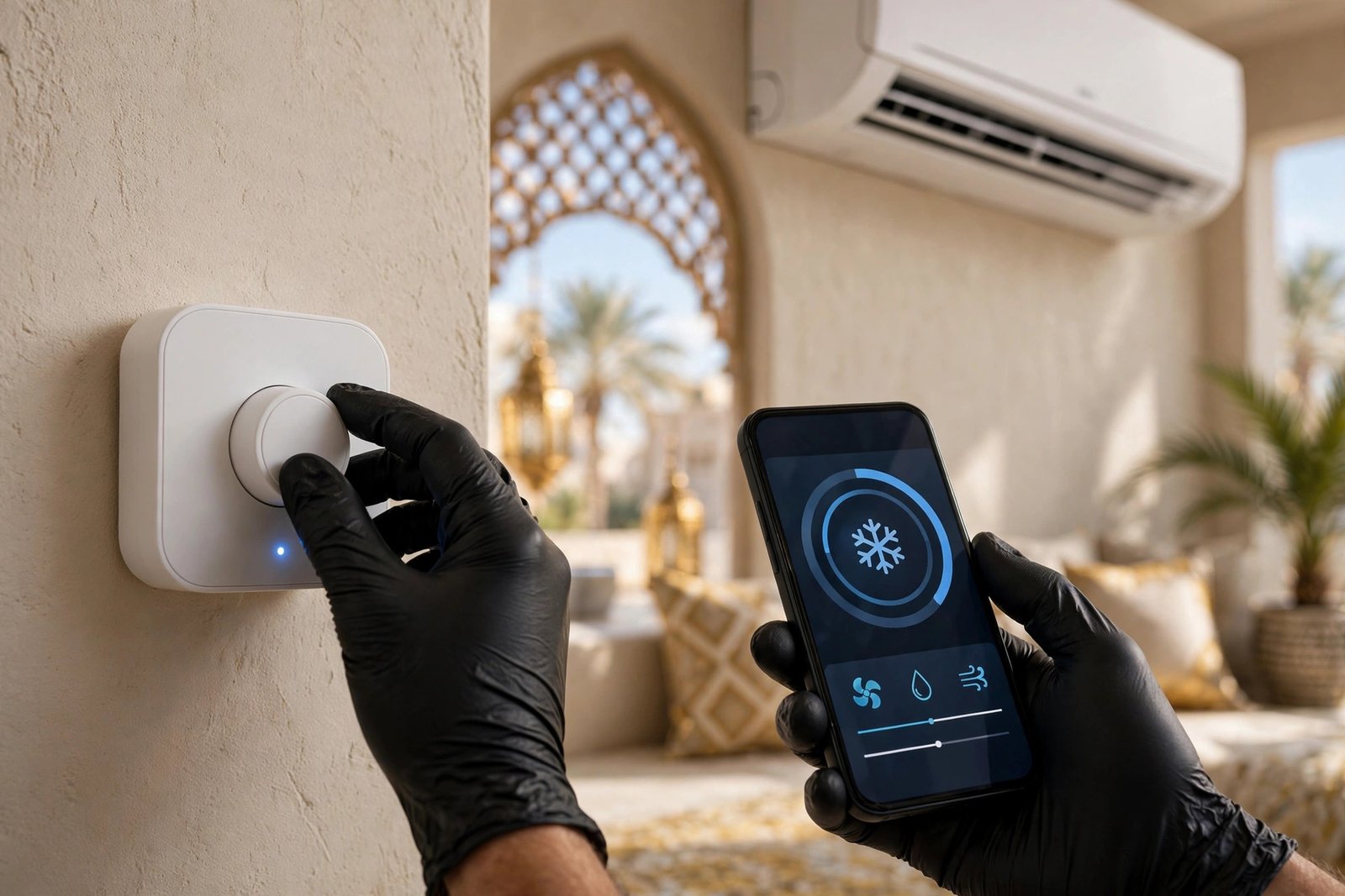 smart ac controller riyadh: close-up of wall-mounted smart AC controller beside split AC unit with phone app in hand