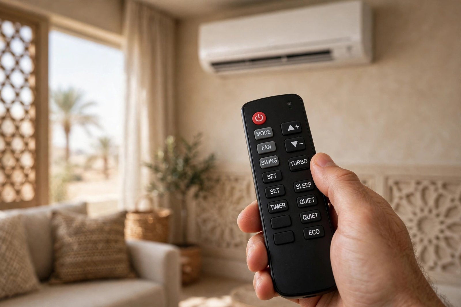 Split ac remote modes explained: close-up of a hand holding an air conditioner remote control aimed at a wall-mounted split AC
