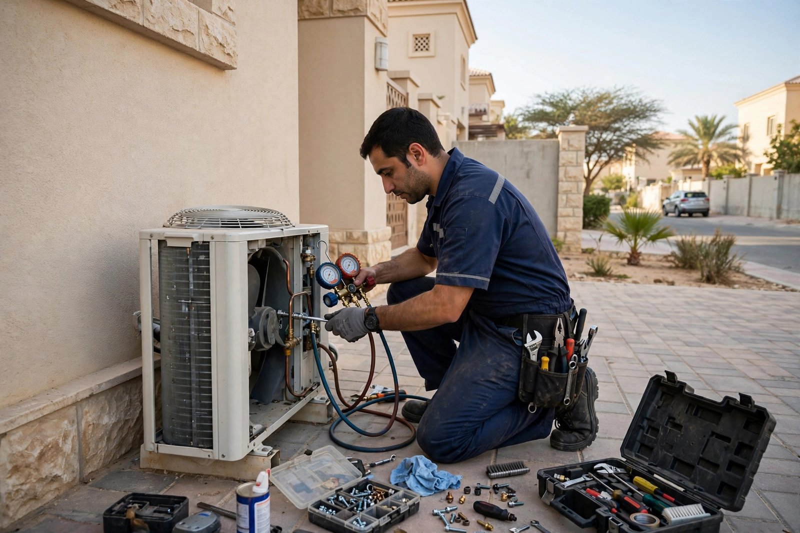 AC technician servicing a split AC outdoor condenser unit linked to AC tripping breaker causes in Riyadh