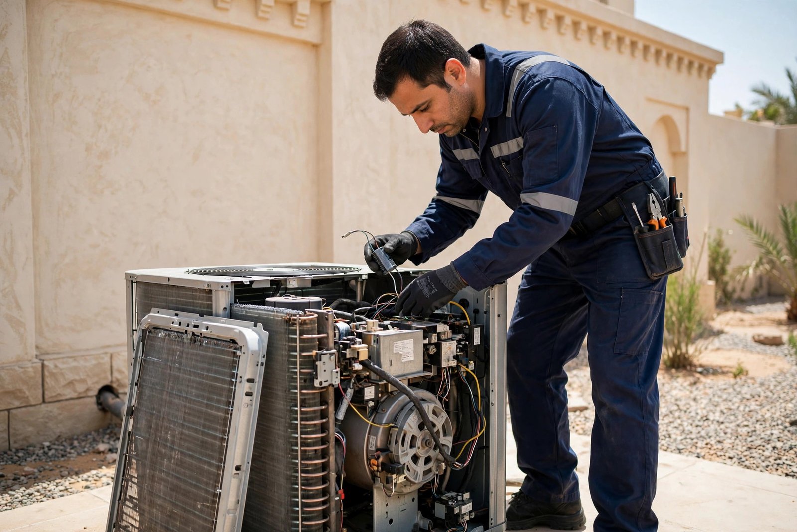 Technician replacing a faulty AC contactor in a Riyadh villa outdoor unit