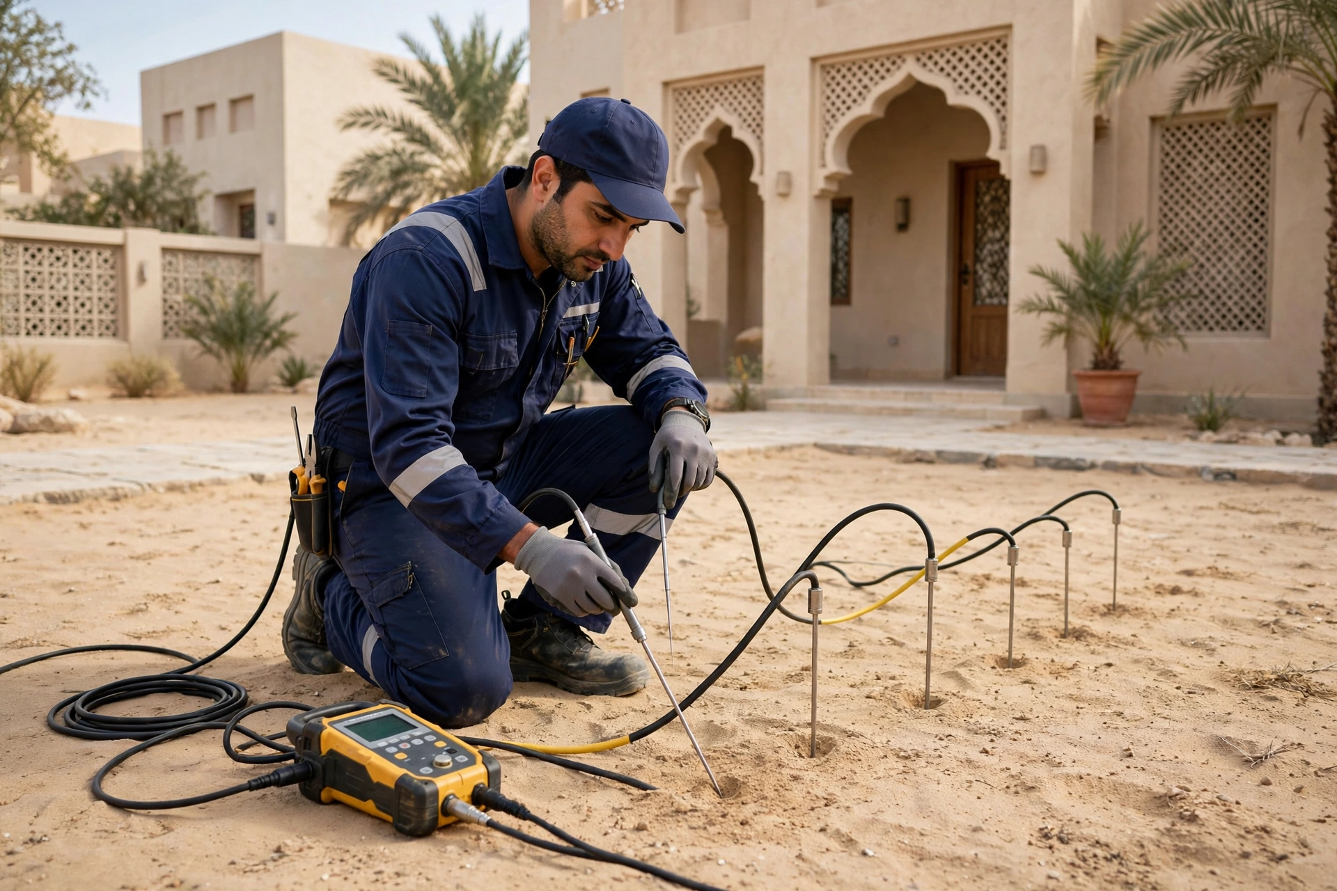 Soil resistivity measurement, one of the home earthing problem tests, in a Riyadh villa courtyard