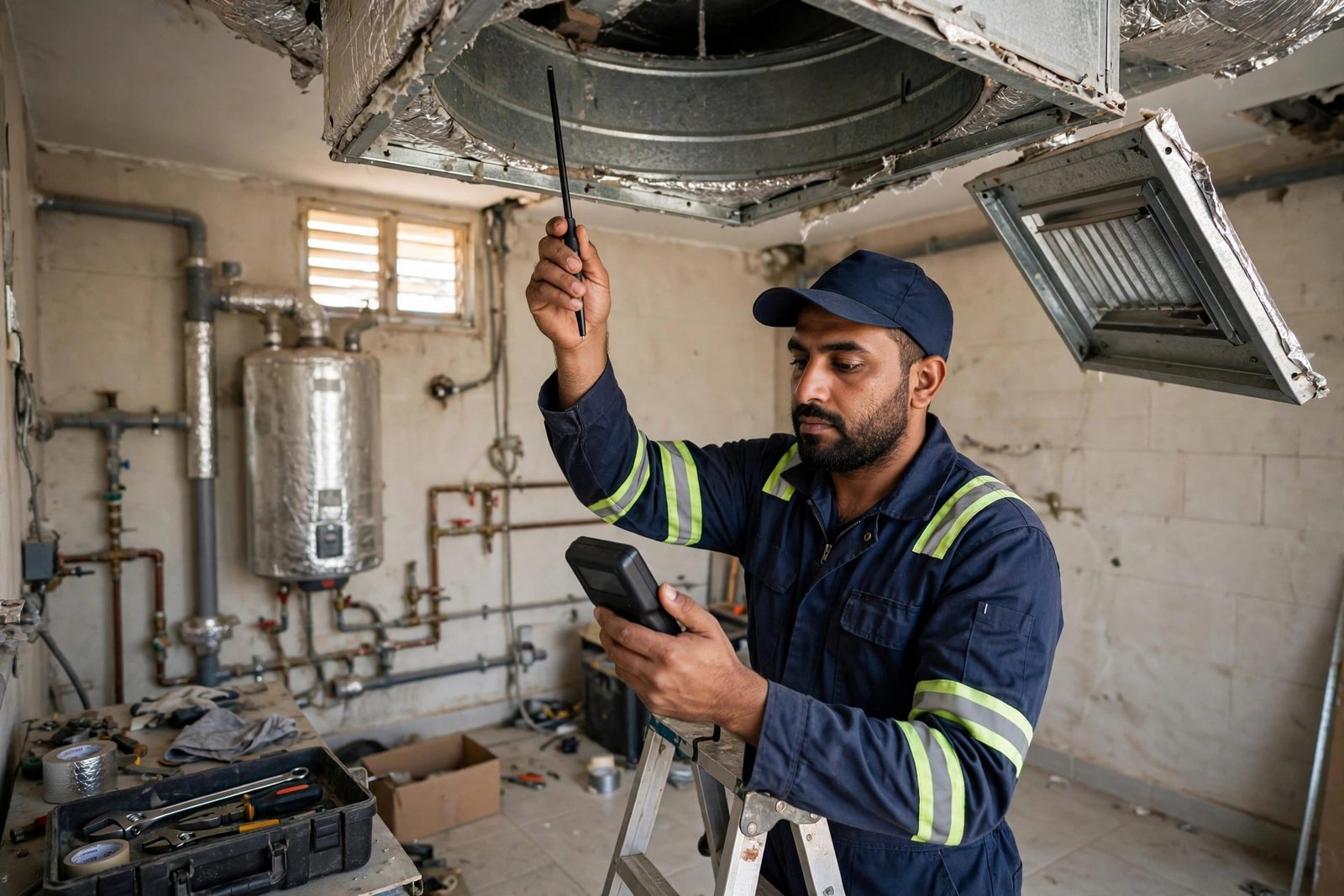 Technician measuring weak airflow at a vent, a duct insulation replacement sign in Riyadh homes