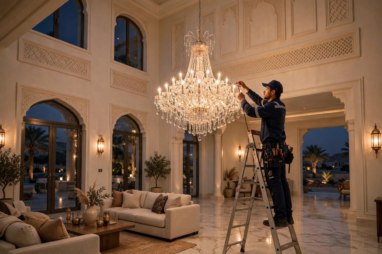Finished glowing crystal chandelier in a Riyadh villa living room after professional chandelier installation
