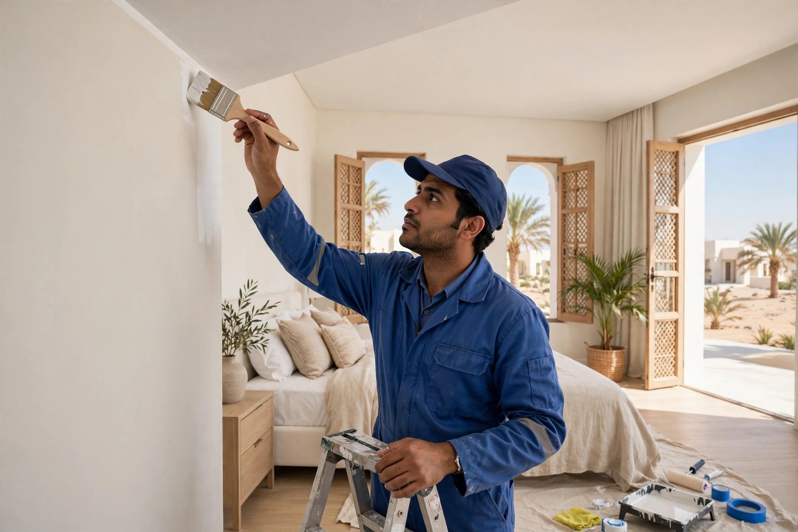 Painter cutting in the ceiling edge with an angled brush, part of pro ceiling painting techniques
