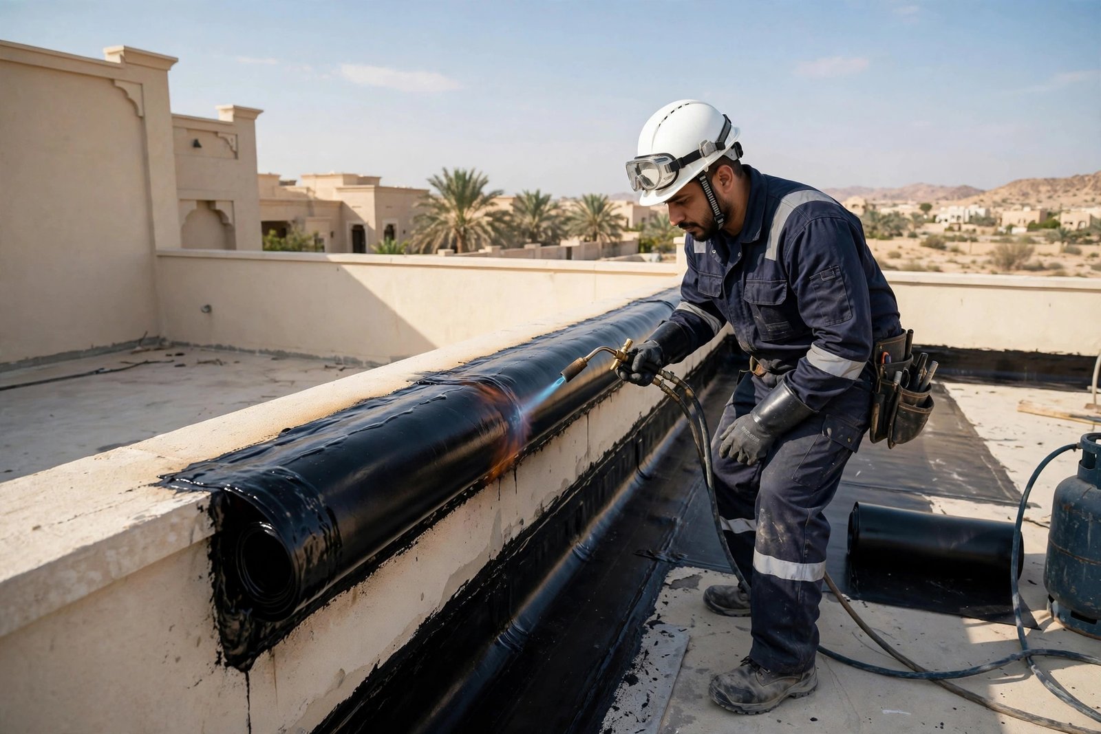 Waterproofing cost per meter Riyadh: technician torch-applying bituminous membrane on a villa roof parapet