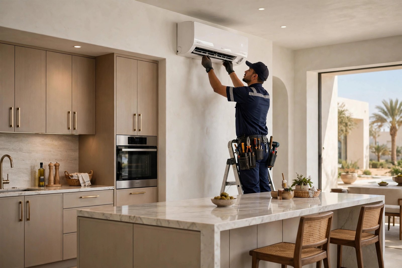 Compact split AC installed in a modern Saudi villa kitchen, kitchen AC placement for villas