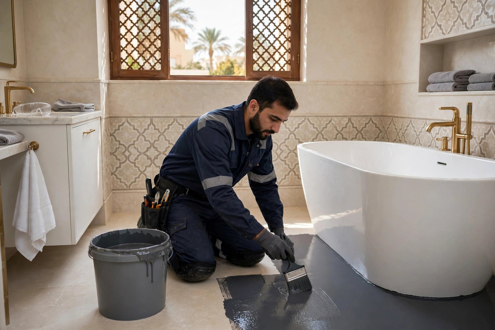 Waterproofing technician brushing the best waterproofing paint riyadh villas use onto a bathroom floor