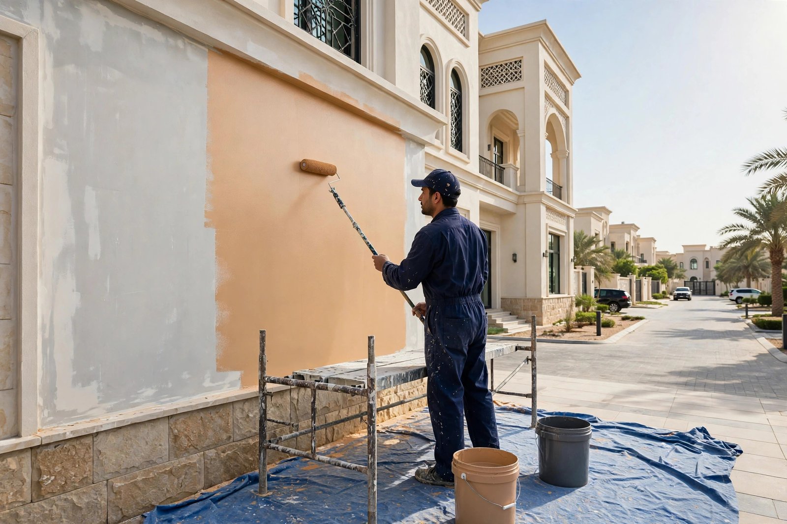 Uniformed painter repainting a villa facade with a roller to fix villa facade repaint signs in Riyadh