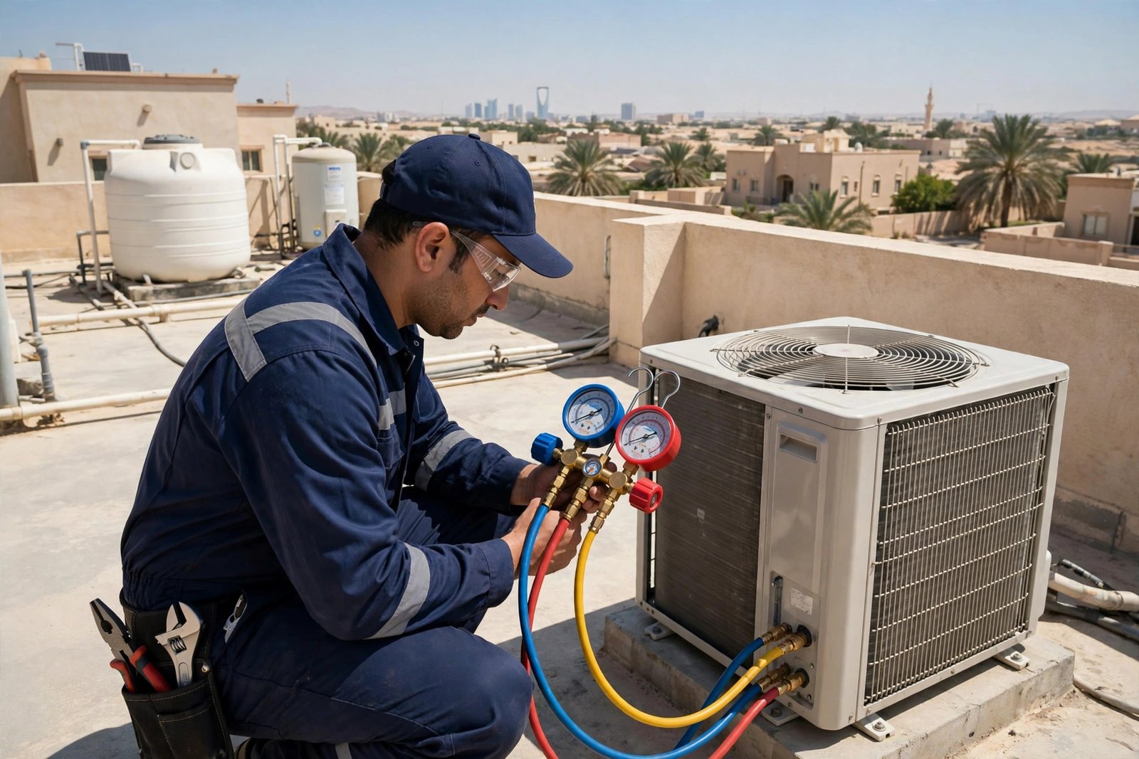 Technician reading refrigerant manifold gauges on an outdoor condenser, diagnosing split AC short cycling causes