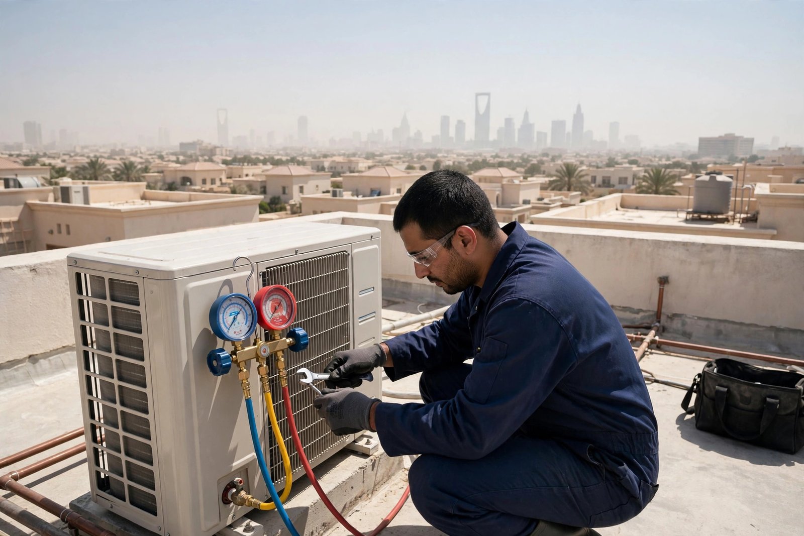 Outdoor condenser inspection during Daikin AC error codes guide troubleshooting on a Riyadh rooftop
