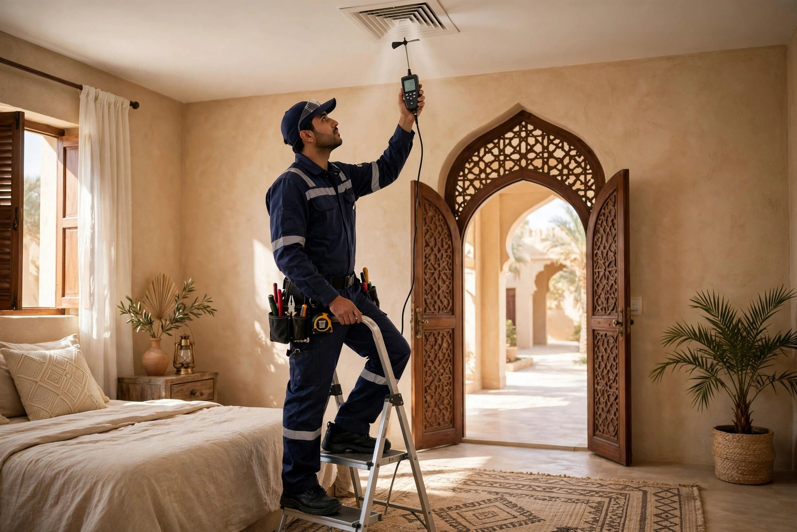 Digital anemometer airflow test at a bedroom vent, checking key airflow balancing villa signs in a Riyadh home