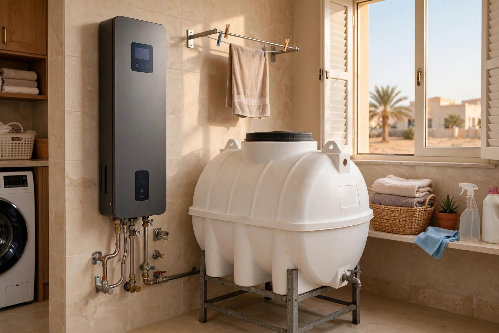 Tankless water heater vs sakhana size comparison side by side in a Riyadh villa laundry room