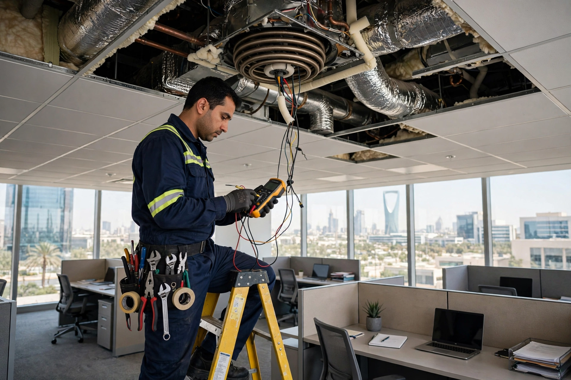 Ceiling-mounted concealed fan coil unit inspection, FCU maintenance Riyadh