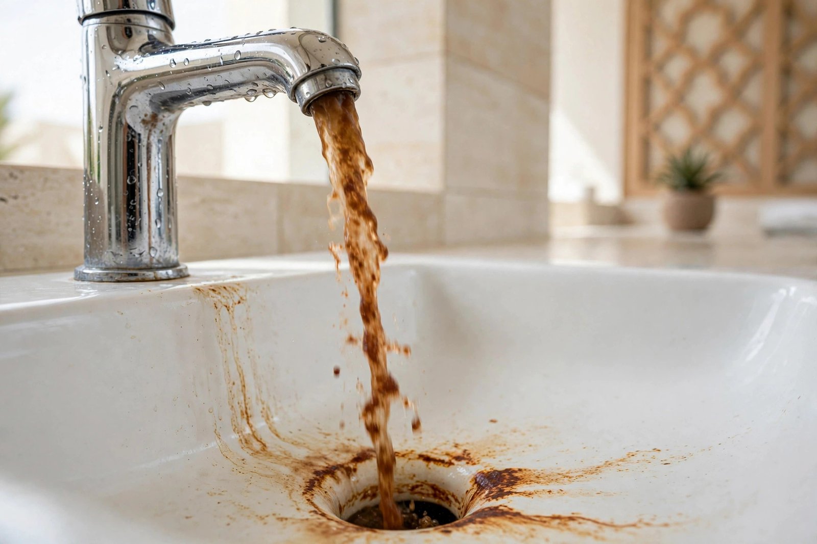 Brown rusty water flowing from a faucet, a common rusty tap water cause in Riyadh homes