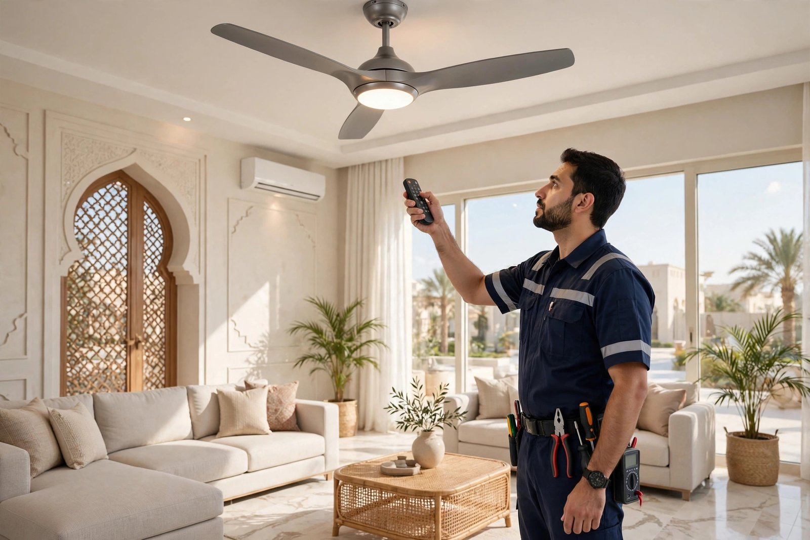 Electrician testing a newly installed ceiling fan in Riyadh; ceiling fan installation cost Riyadh guide