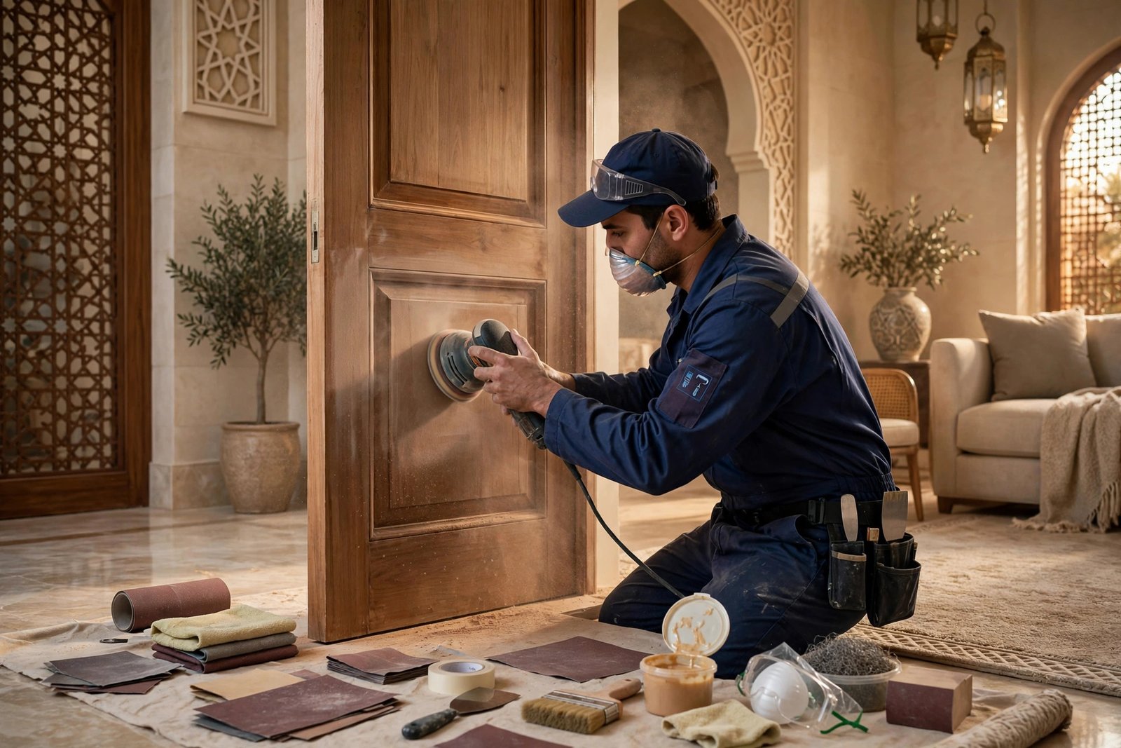 Painter sanding a wooden door during surface prep, wooden door polishing Riyadh service