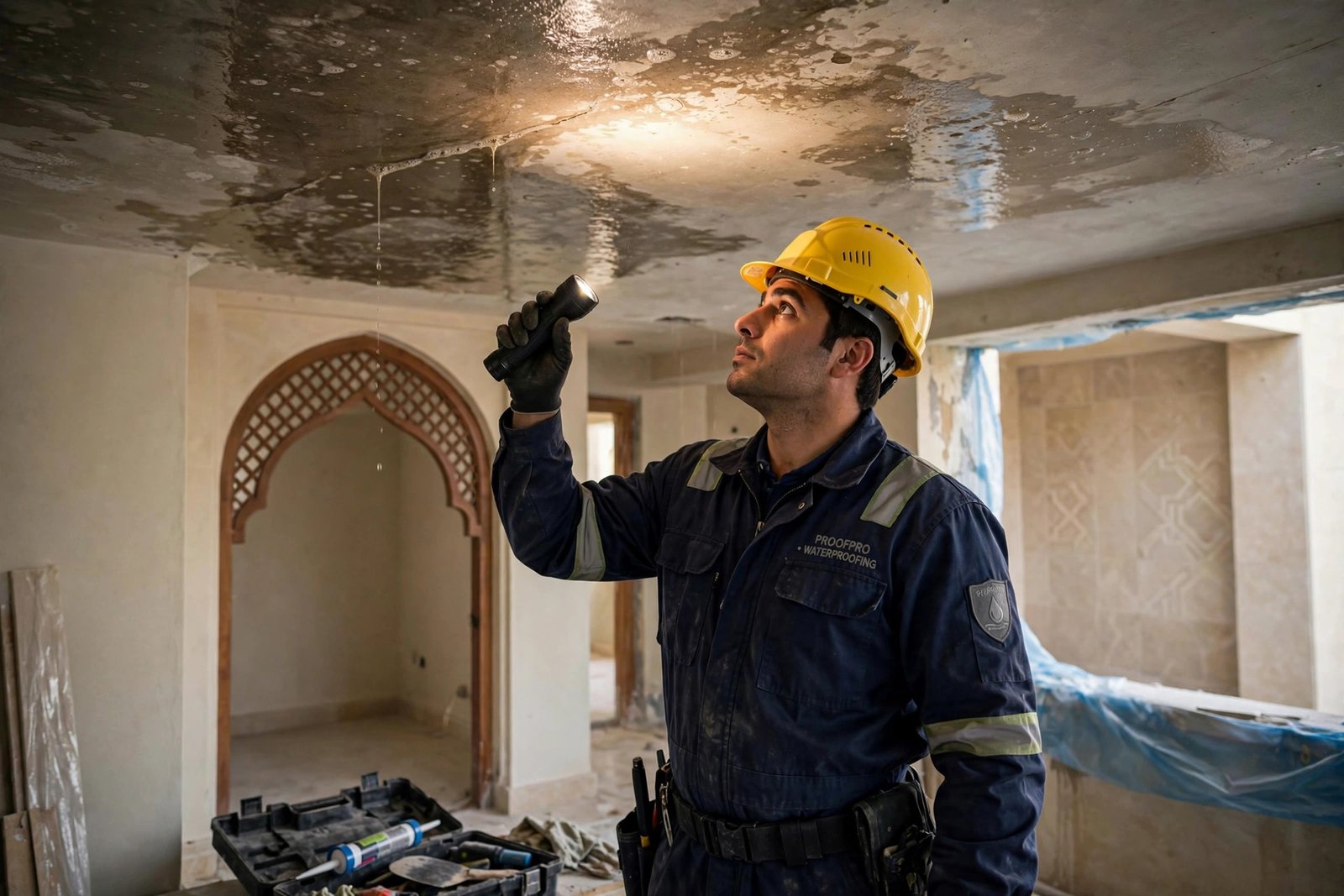 Waterproofing flood test leak inspection: technician checking a villa ceiling underside with a flashlight