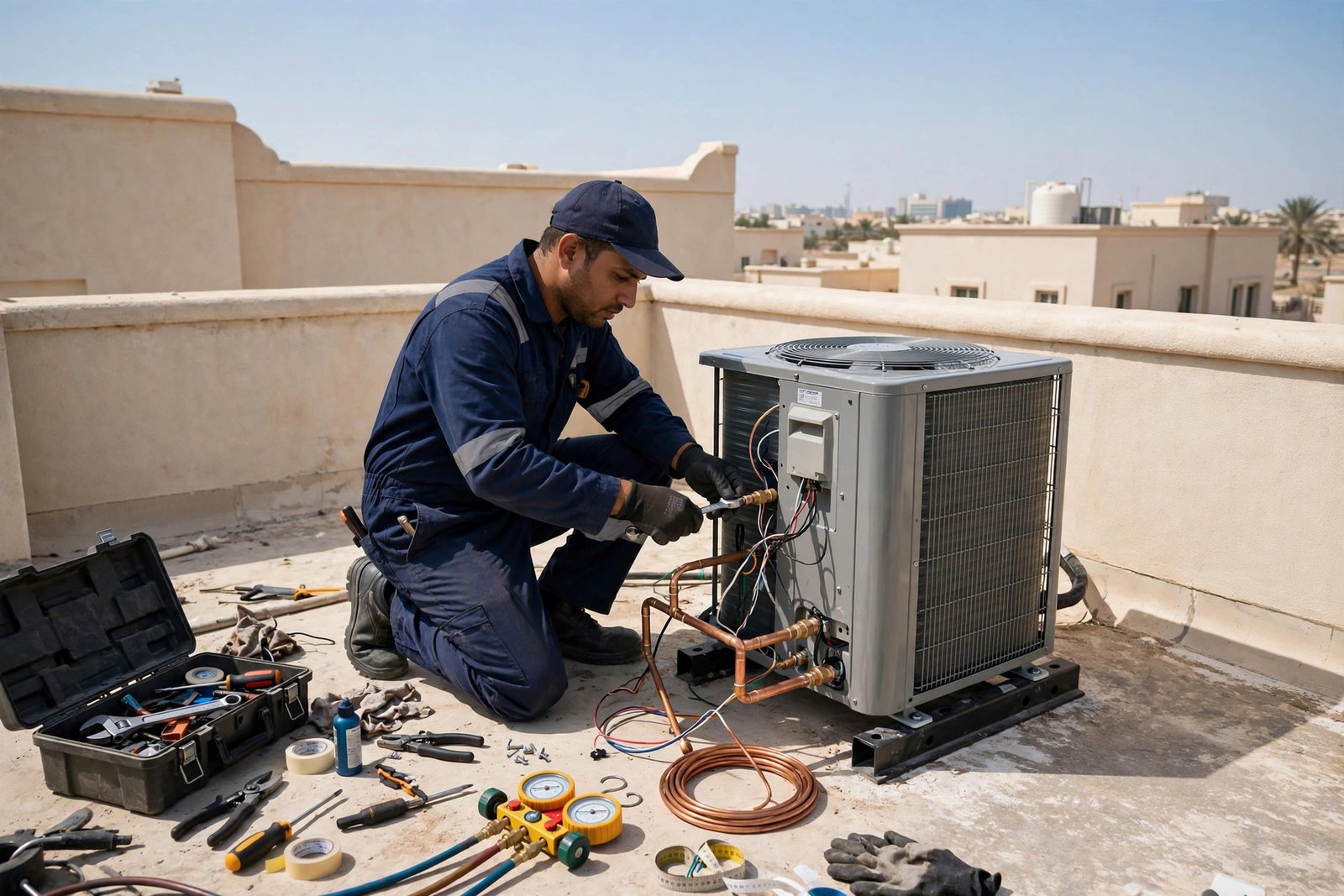 Stage 4 of the ac installation timeline stages: connecting copper refrigerant pipes on a Riyadh villa rooftop