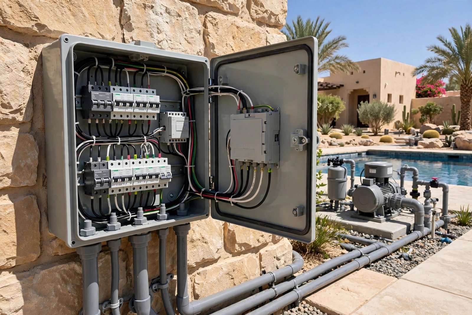 Weatherproof electrical enclosure supporting pool pump wiring safety, with GFCI-protected circuit breakers
