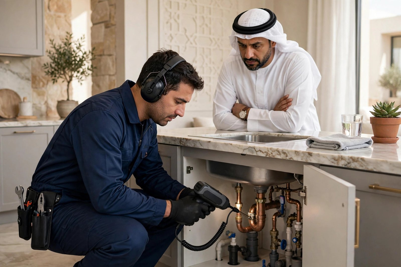 Acoustic leak detection in a Riyadh villa kitchen, included in SheelTalab plumbing quotes Riyadh