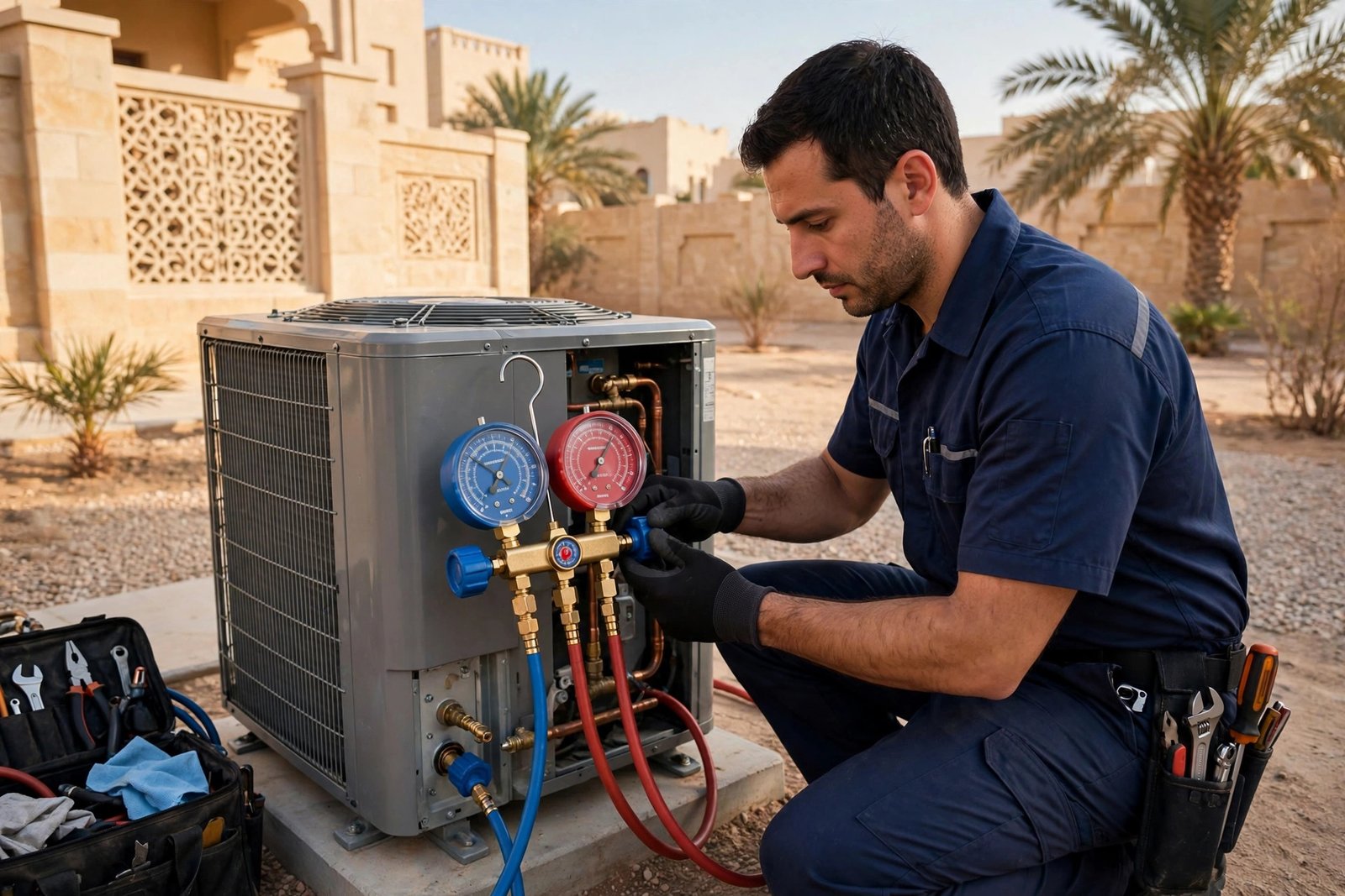 Technician checking refrigerant pressure with manifold gauges for split ac lifespan riyadh