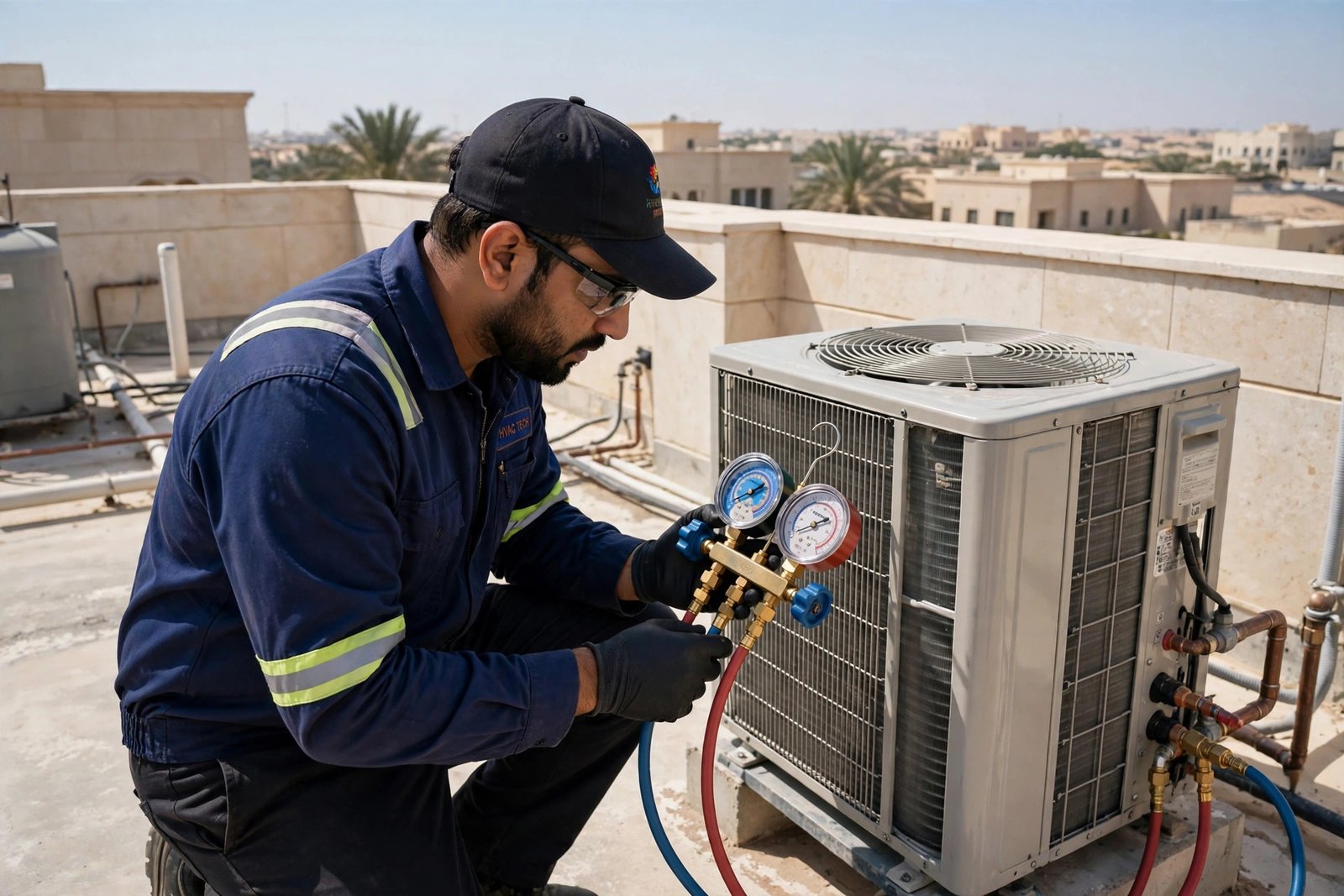 Gree split AC service Riyadh: technician checking refrigerant gauges on outdoor condenser unit