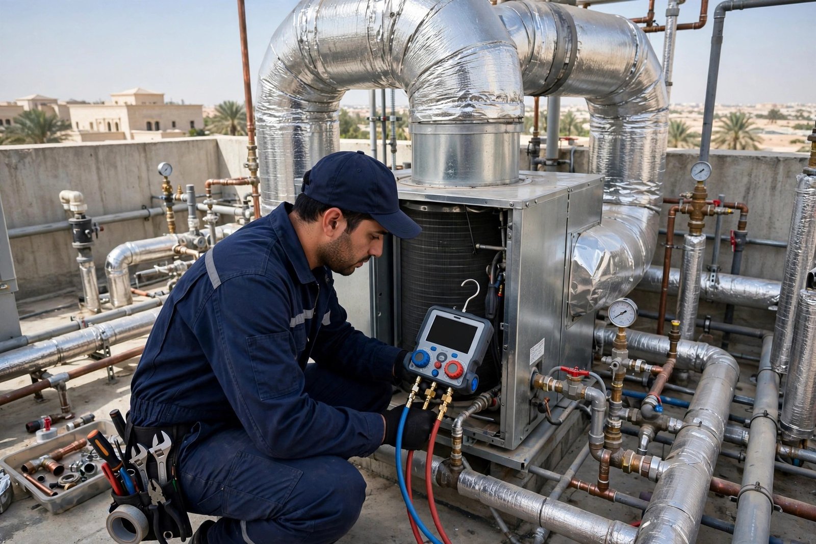 HVAC technician servicing a central ducted unit that supports hvac zoning large villa comfort in Riyadh