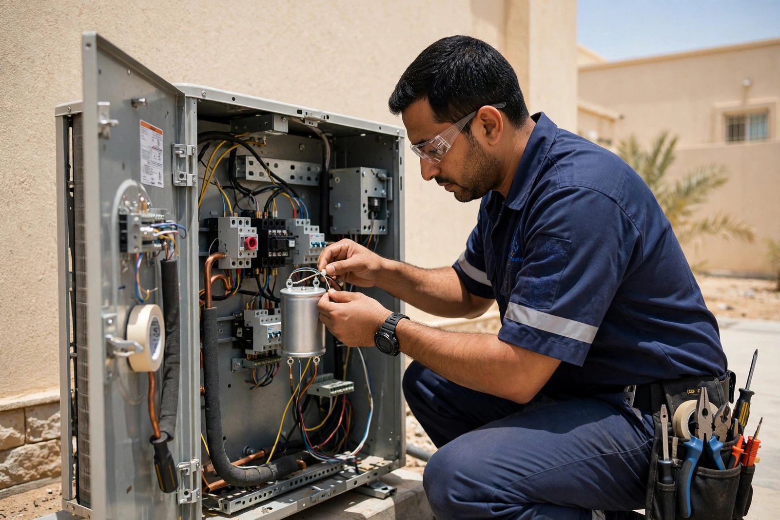 Split ac capacitor replacement signs resolved as a technician installs a new capacitor in Riyadh