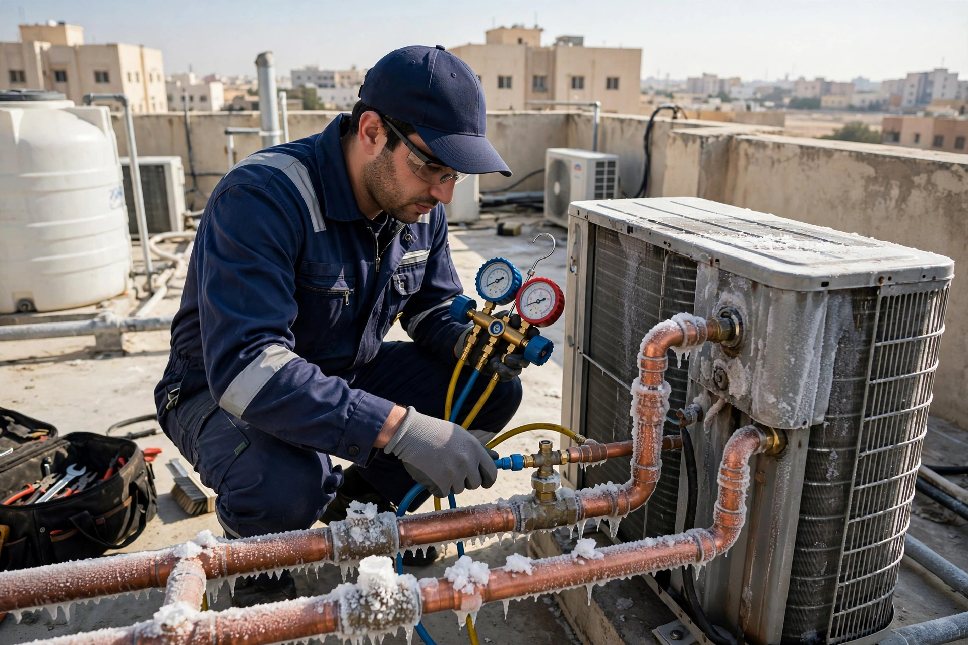Technician checking refrigerant on frozen split AC outdoor unit in Riyadh