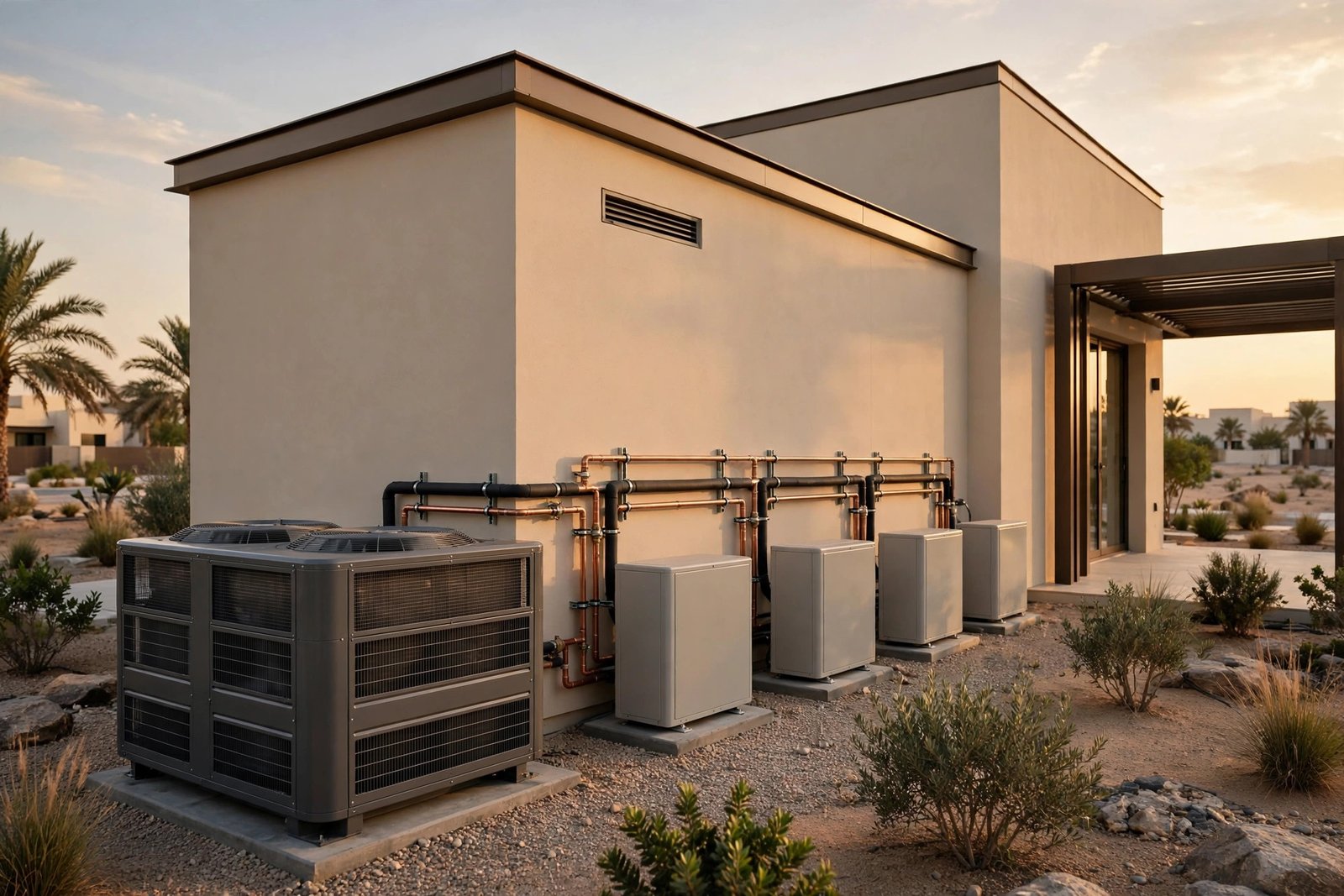 VRV vs split AC villa outdoor units: a single VRV unit beside multiple split AC condensers