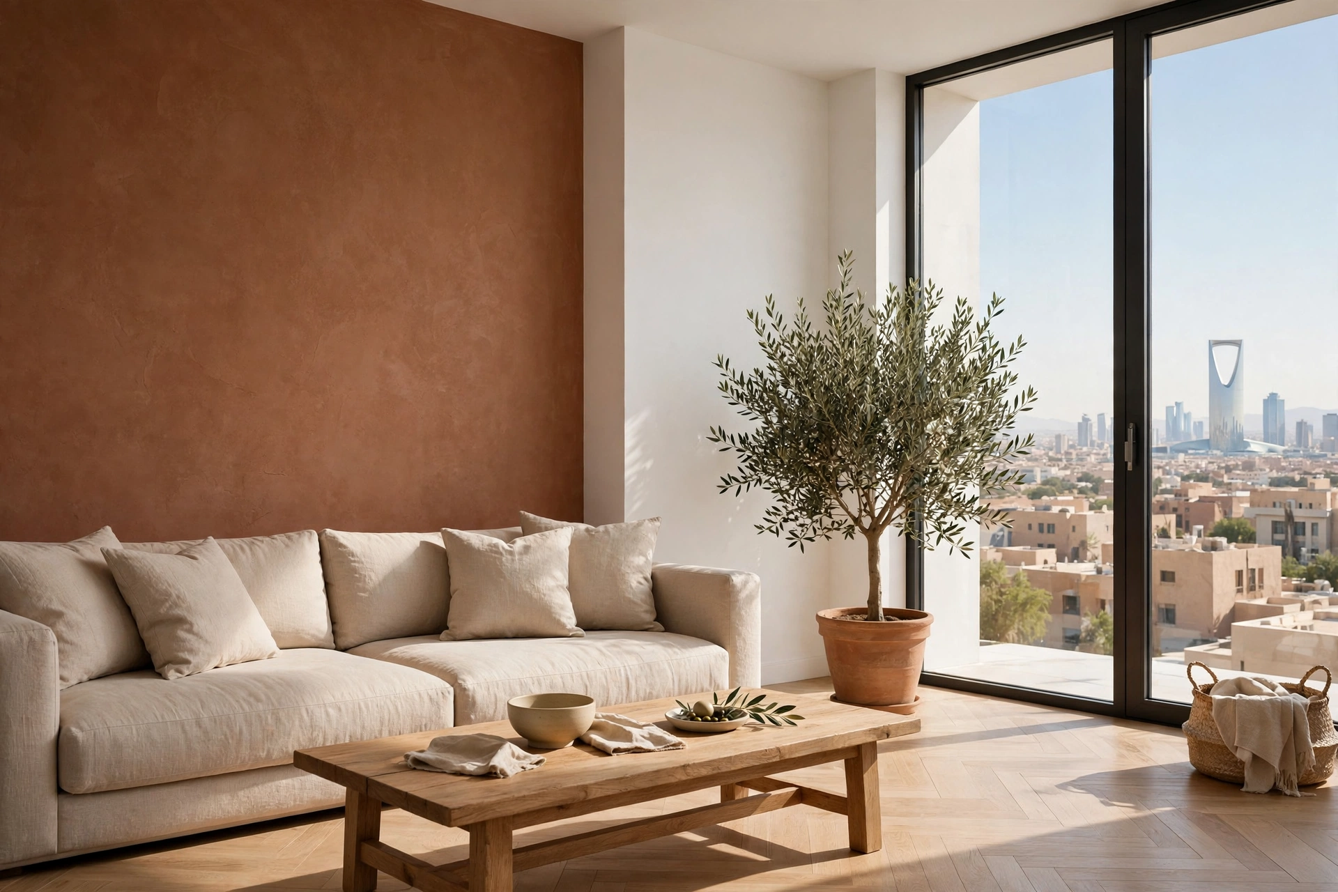 Modern minimalist majlis interior with a terracotta accent wall in a Riyadh villa