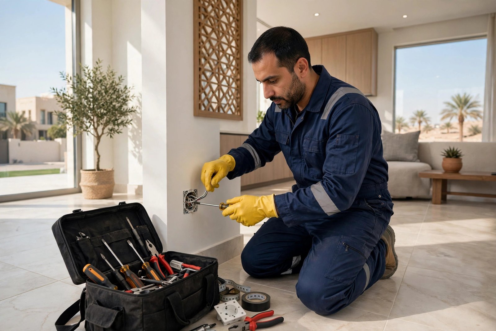 Electrician replacing scorched outlet after burning smell outlet steps diagnosis in Saudi home
