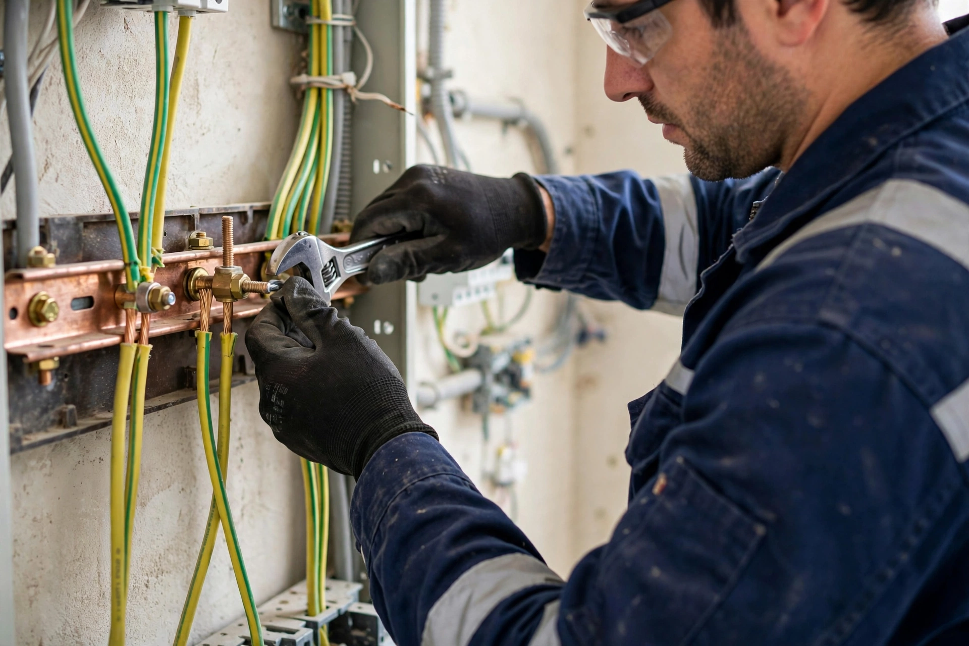 Electrician inspecting earth bar connections during home earthing problem tests in Riyadh