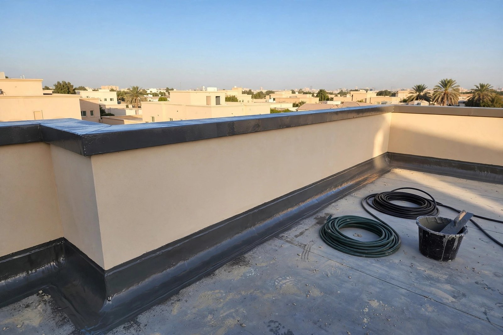 Parapet wall leakage repair: completed waterproof coating on a Saudi villa parapet wall in Riyadh