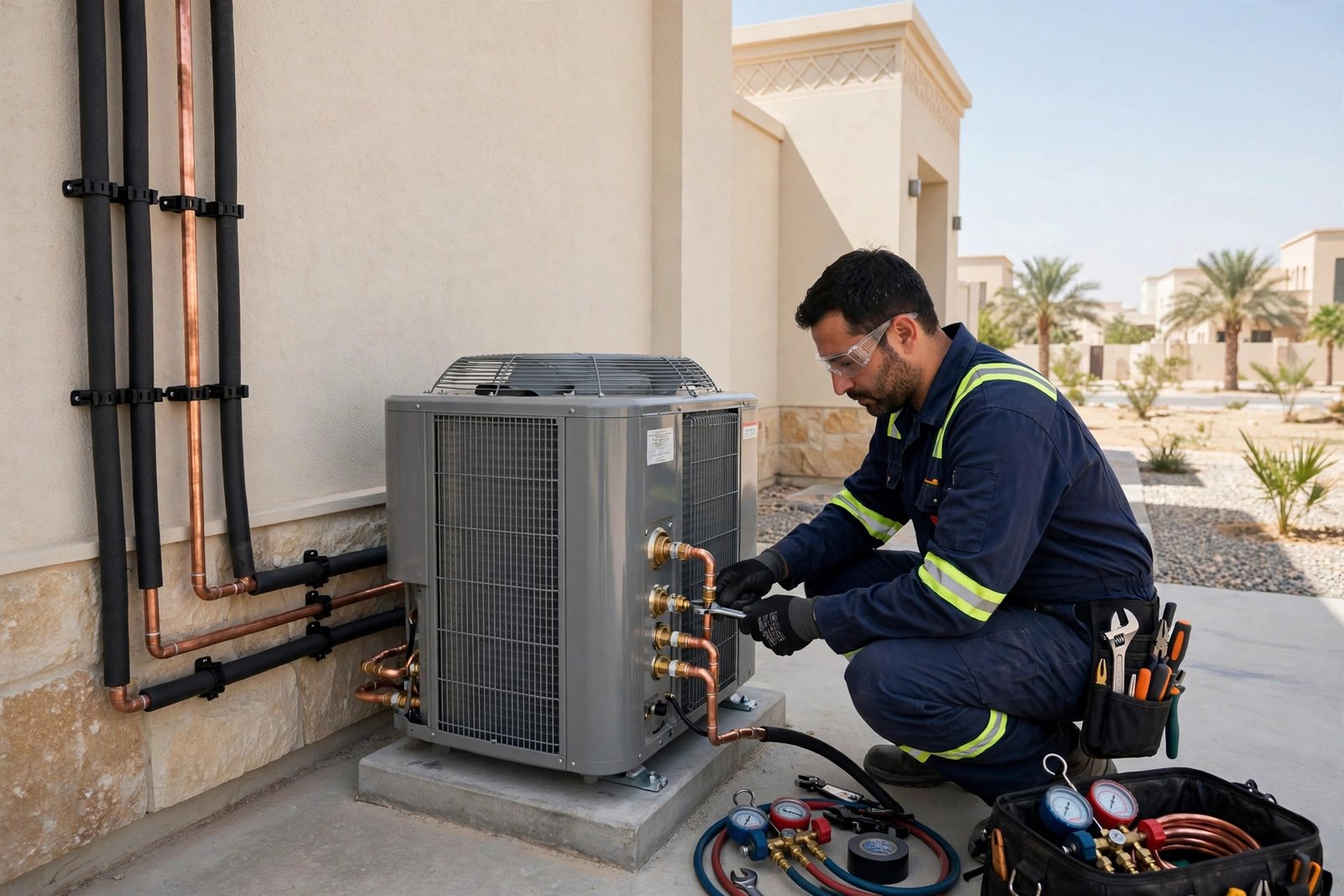 Completed split AC installation with neatly routed copper pipes connecting the outdoor condenser unit at a Riyadh villa