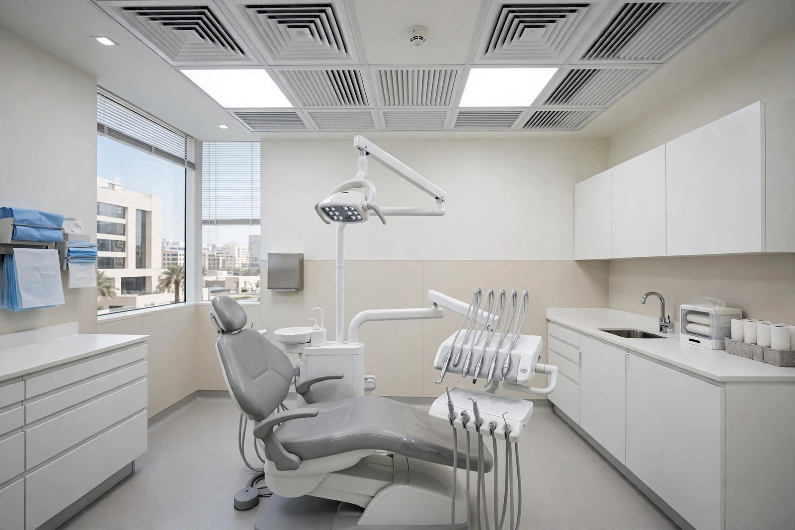 Clean modern clinic treatment room with ceiling air vents meeting clinic HVAC standards for ventilation