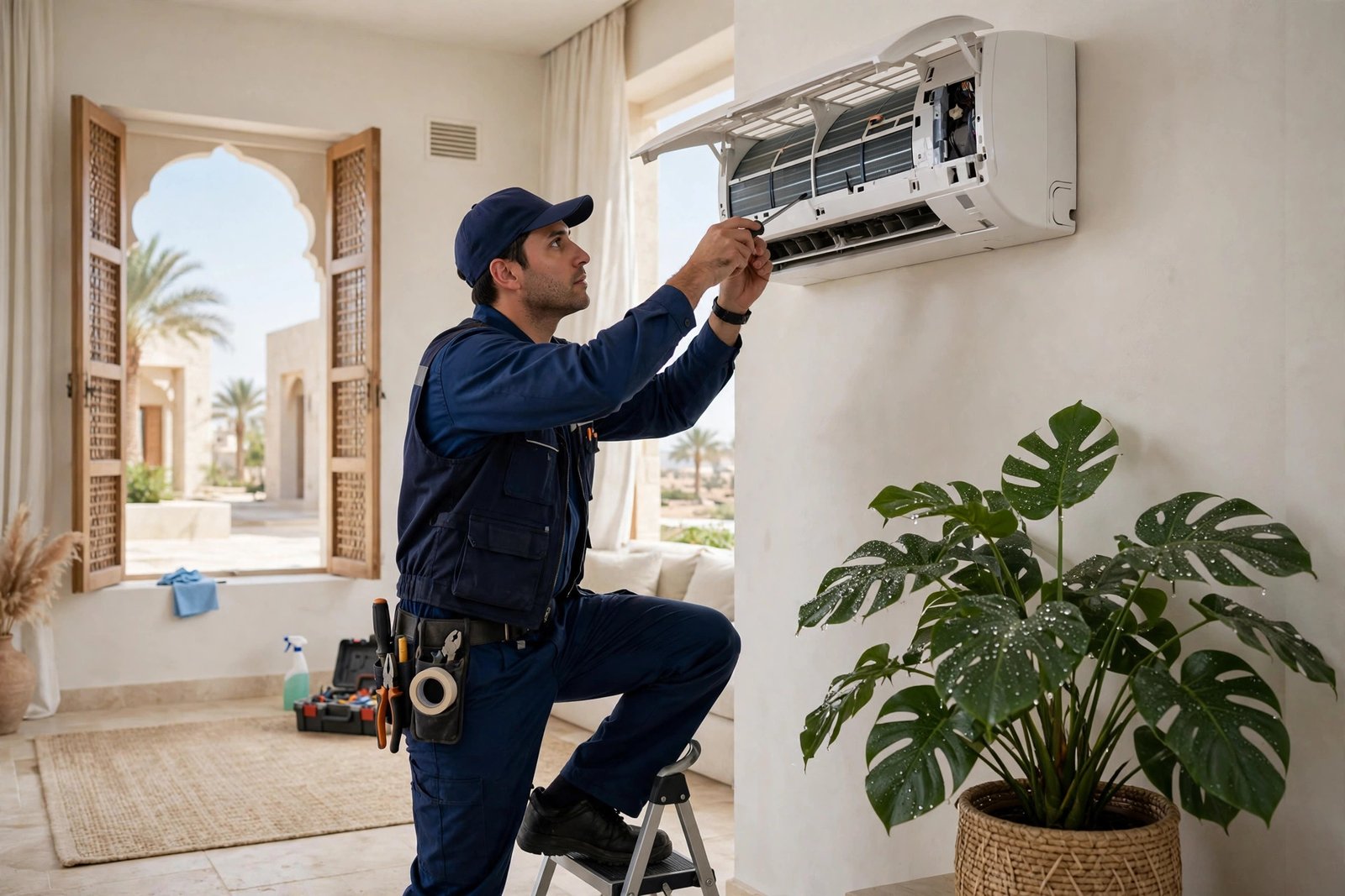 Fresh cool indoor air in a bright Saudi villa after proper dry mode use