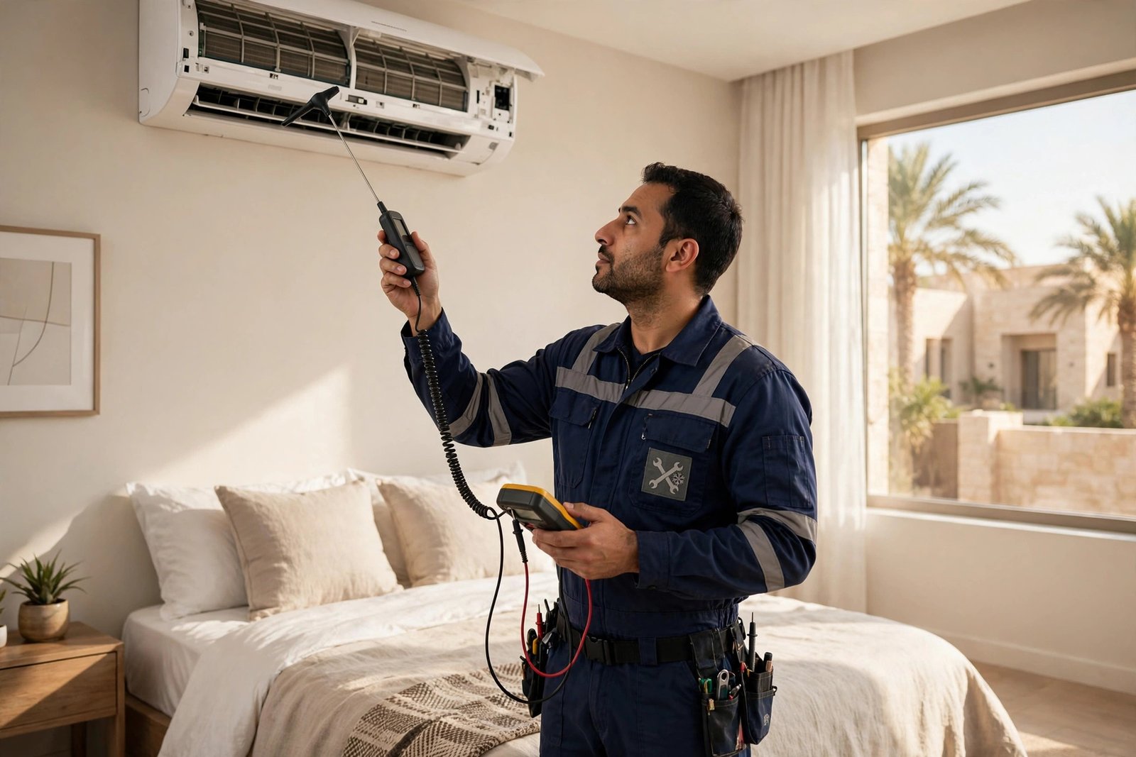 technician testing cooling performance: one of the key replace split ac signs checks in a Riyadh bedroom