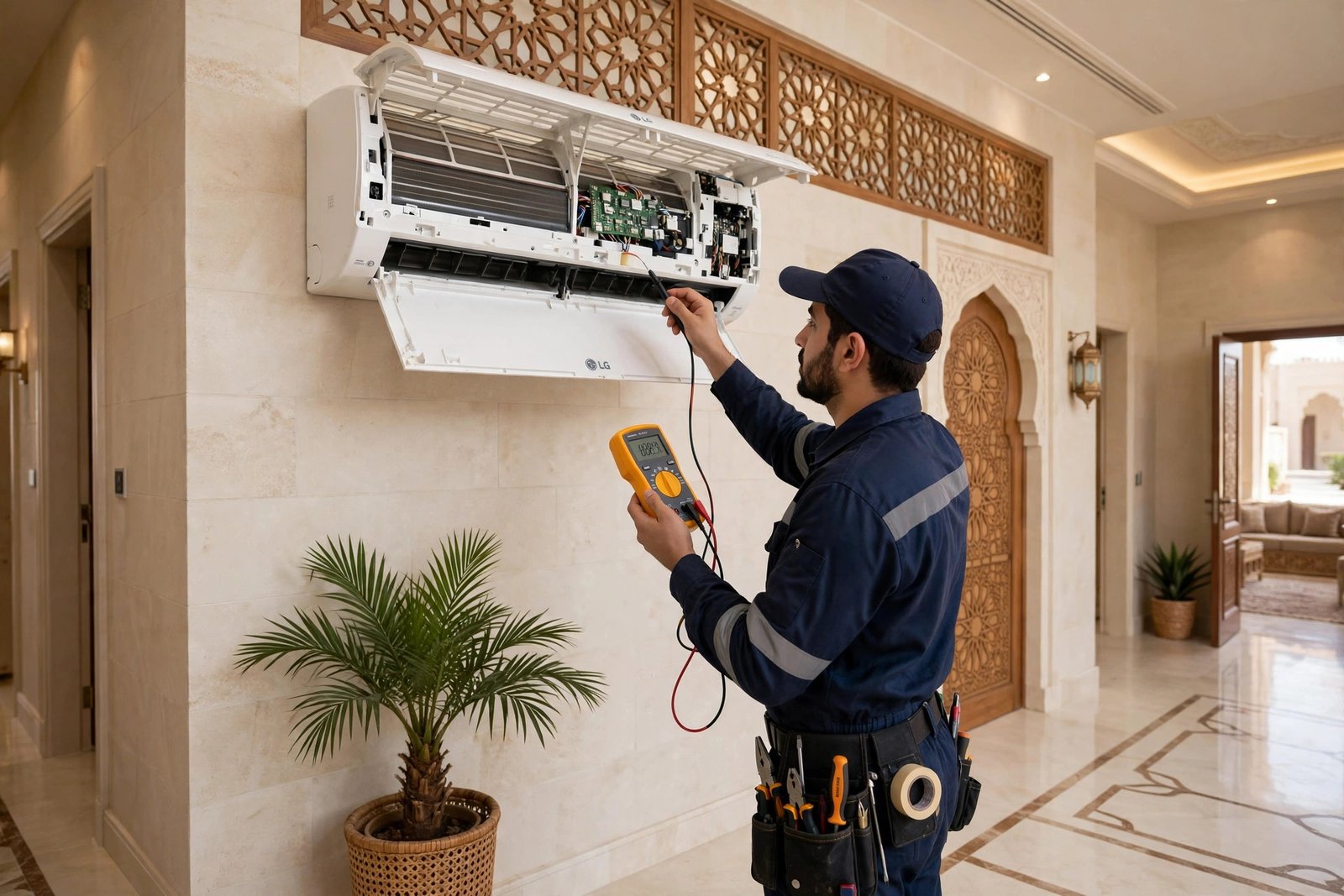 Diagnostic testing with a multimeter for lg ac repair riyadh in a Saudi villa hallway