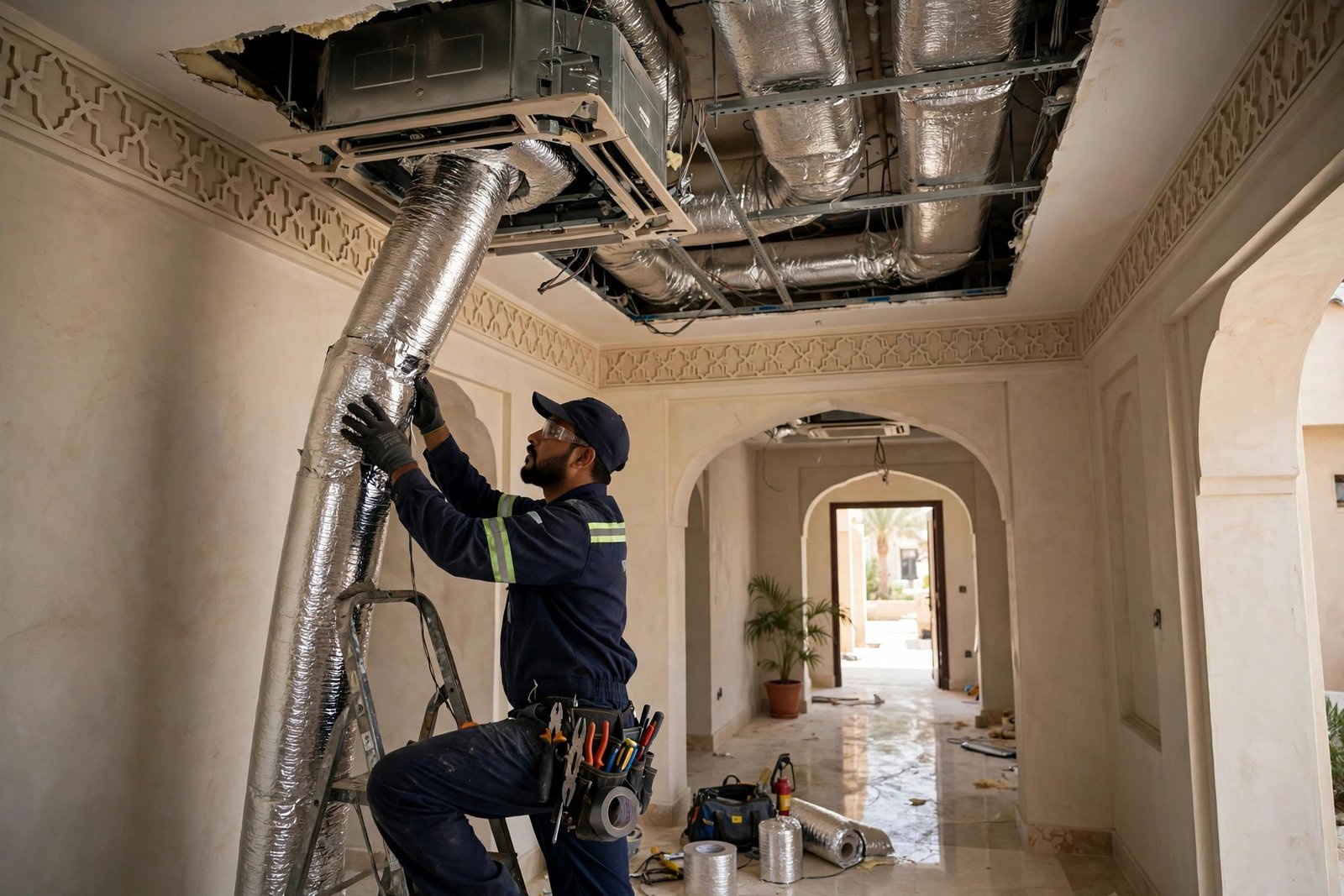 home ventilation systems riyadh: technician connecting insulated ventilation ducts to a concealed ceiling unit