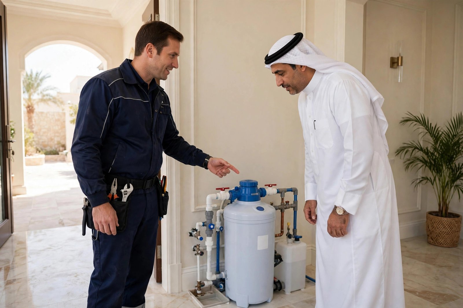 Plumber showing a new water softener to a Riyadh homeowner