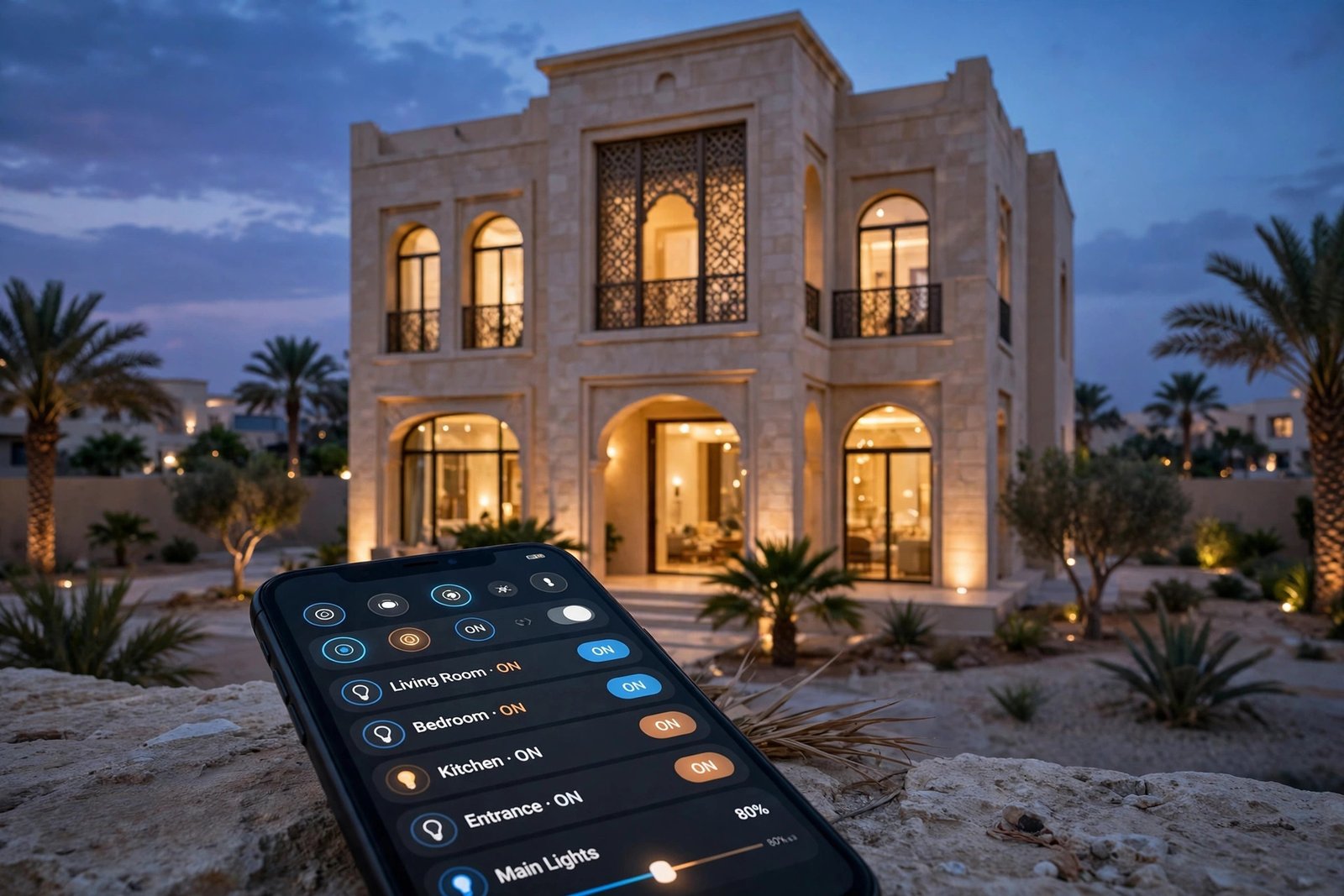 Smart switches Riyadh benefits: villa exterior glowing at dusk with lights controlled from a smartphone