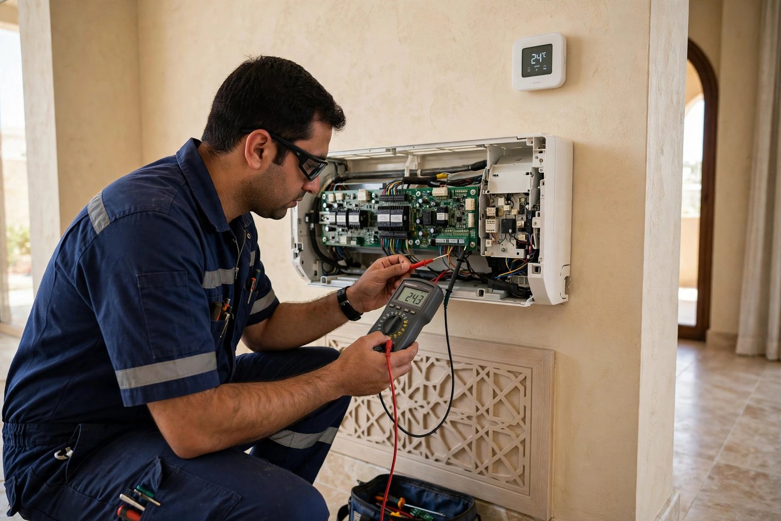 Electrical inspection with a multimeter during a pre summer AC tune up in a Riyadh villa